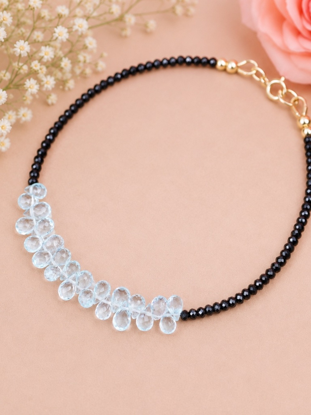 Natural Sky Blue Topaz, Black Spinel Bracelet Handmade Solid 14K Yellow Gold